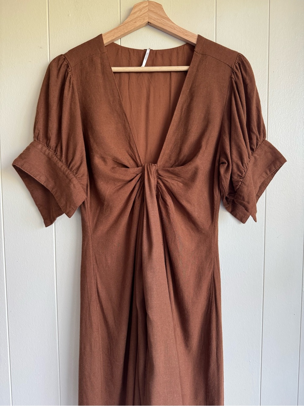 Free People Vintage Summer Midi Dress M Chocolate Swirl Twist Front Linen Blend - Picture 4 of 16